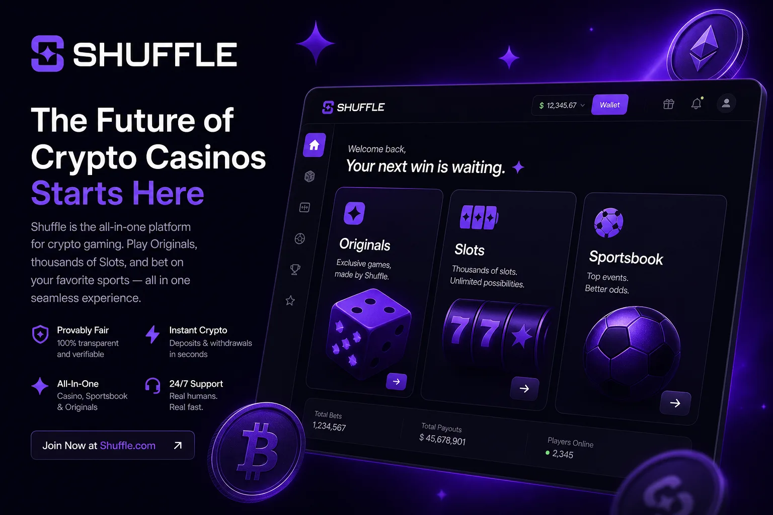 Shuffle platform overview with Originals, Slots, and Sportsbook